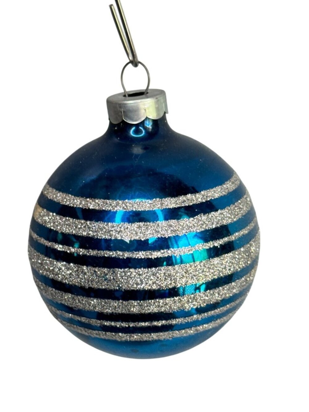 Vintage USA Blue Silver Glitter Stripe Glass Christmas Ornament 2 1/2" - Picture 2 of 6